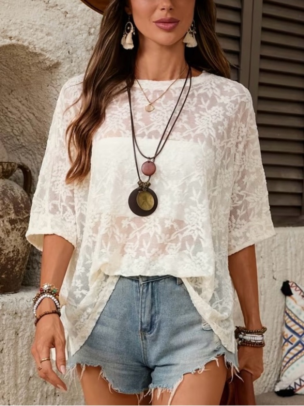 Boho Lace-Like Sheer Overlay Women’s Plus Sized Blouse Top in White Size 1XL NEW